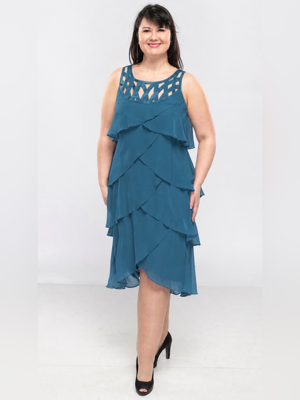 Asymmetrical Ruffled Midi Dress-Teal